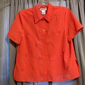 PLAZA SOUTH WOMENS Blouse,Orange gingham shorts sleeve,button down front 
S-T-16